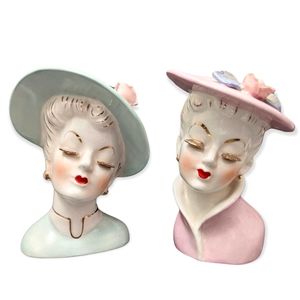 Vintage Lady Head Vases/ Planters - Set of 2, Pink and Sage with Gold Eyelashes